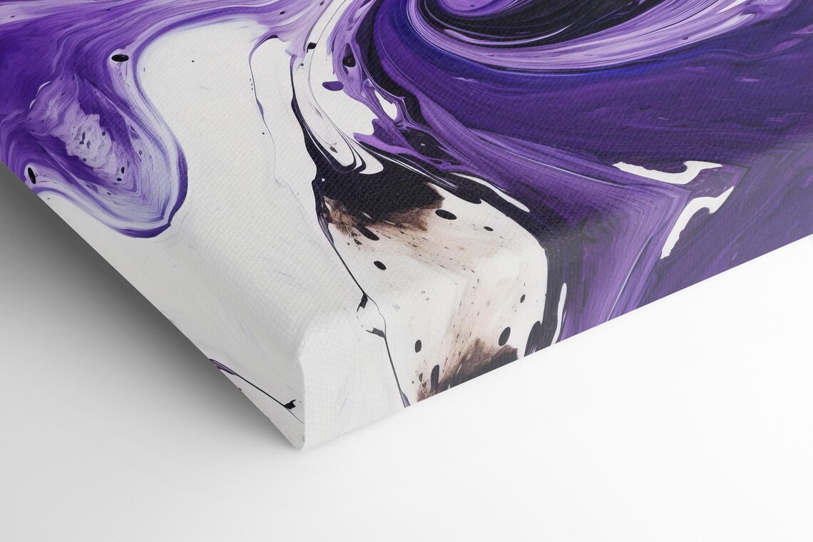 Abstract purple swirl artwork with black and white flowing fluid ribbons and scattered speckled dots detail view