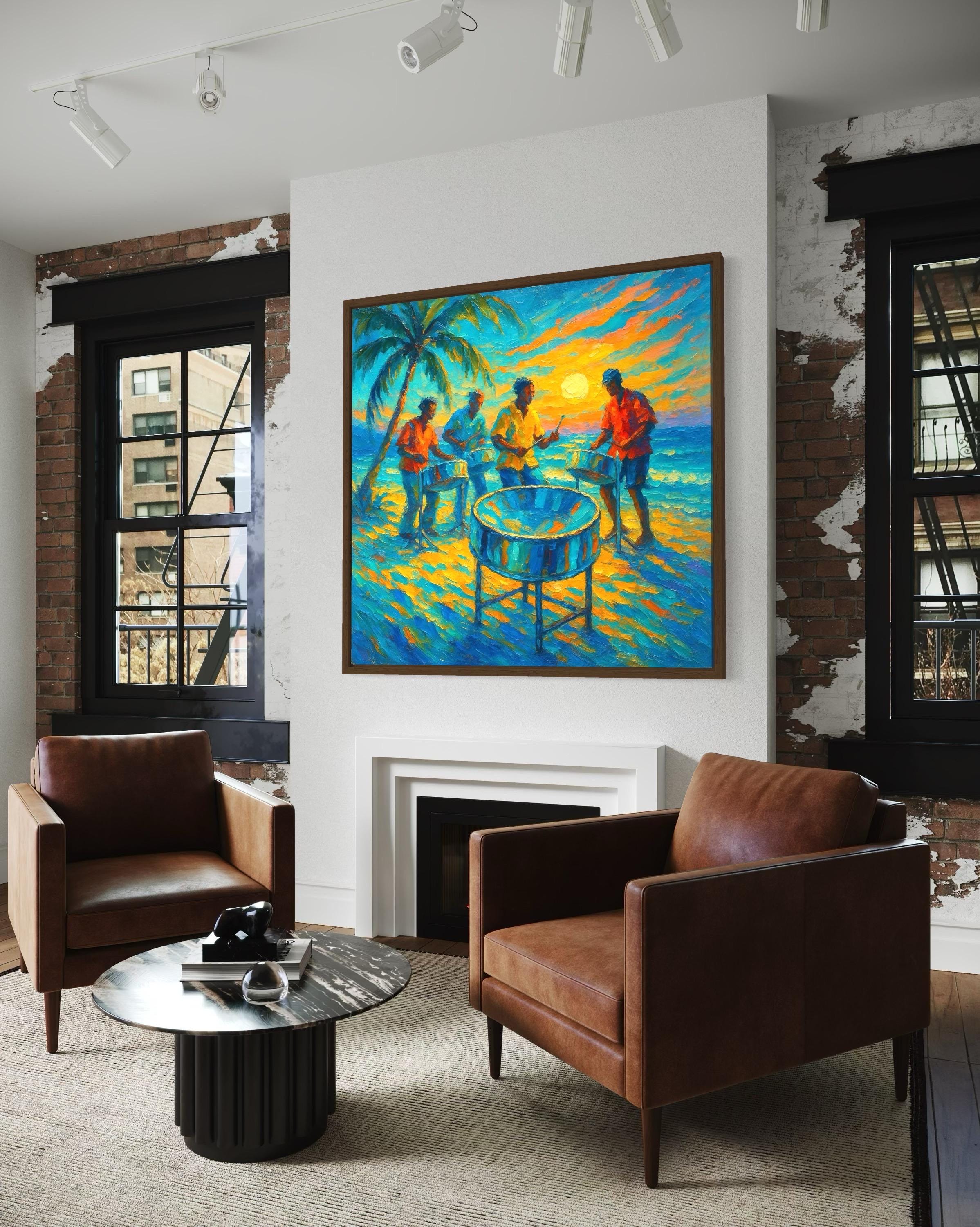 Room mockup showing a square painting of musicians playing a steel drum above a sofa