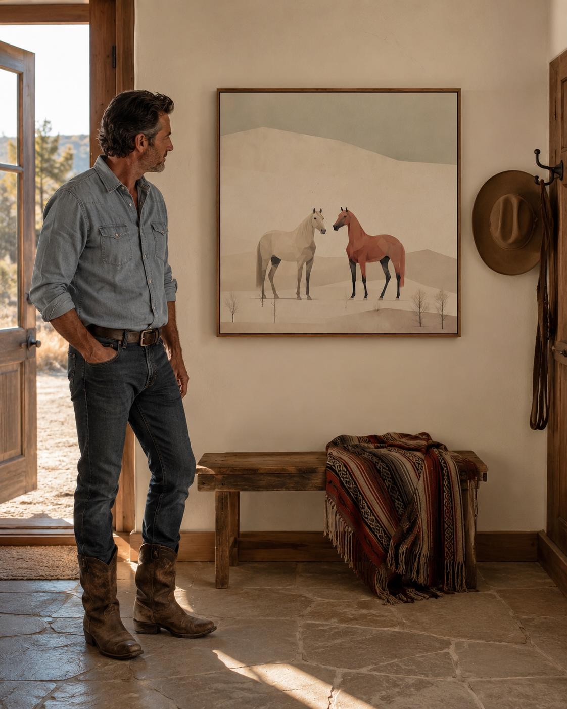 People holding wine near a framed minimalist desert horse artwork on a wall