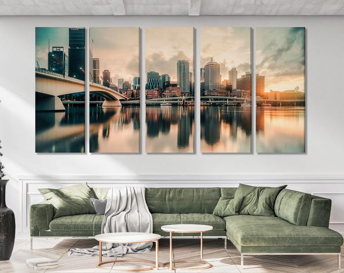 Brisbane Skyline Canvas Print, Large Cityscape Wall Art, Modern Urban Artwork, Sunset River Artwork, Travel Wall Decor for Home or Office