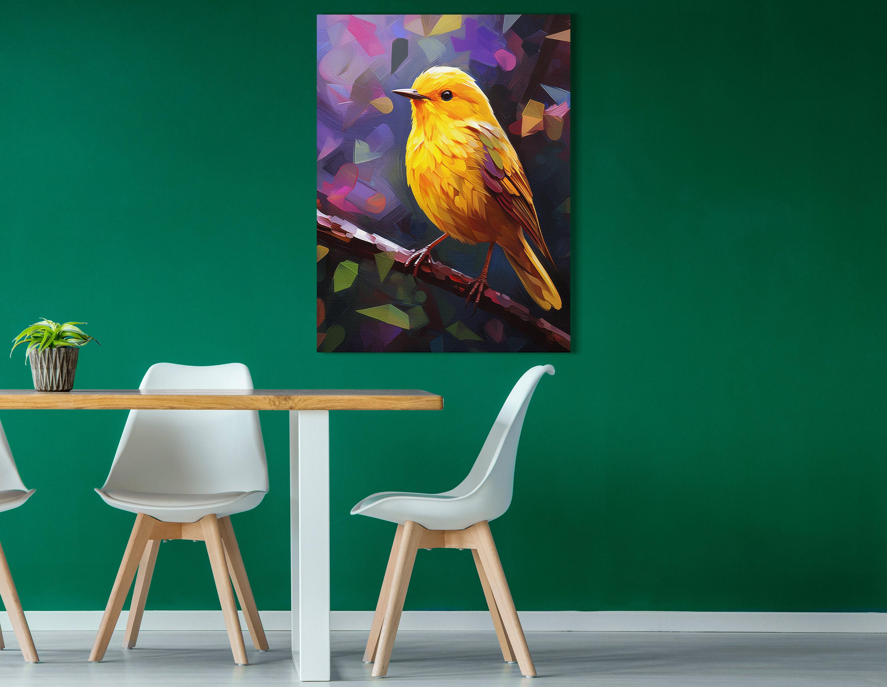 Stylised yellow and orange bird portrait with layered feathers on a purple and pink geometric background detail view