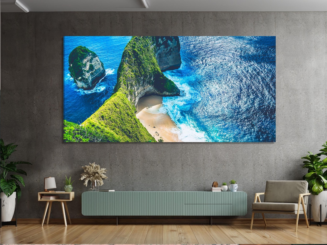 Three-panel seascape triptych with turquoise ocean water, green cliffs, and a sandy cove with foamy waves detail view