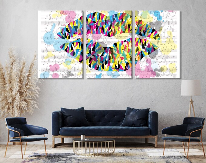Colorful Geometric Lips Canvas Print Modern Music Pop Art Wall Decor Music Artwork Singer Vibrant Art Print Musical Wall Art Gift for Singer