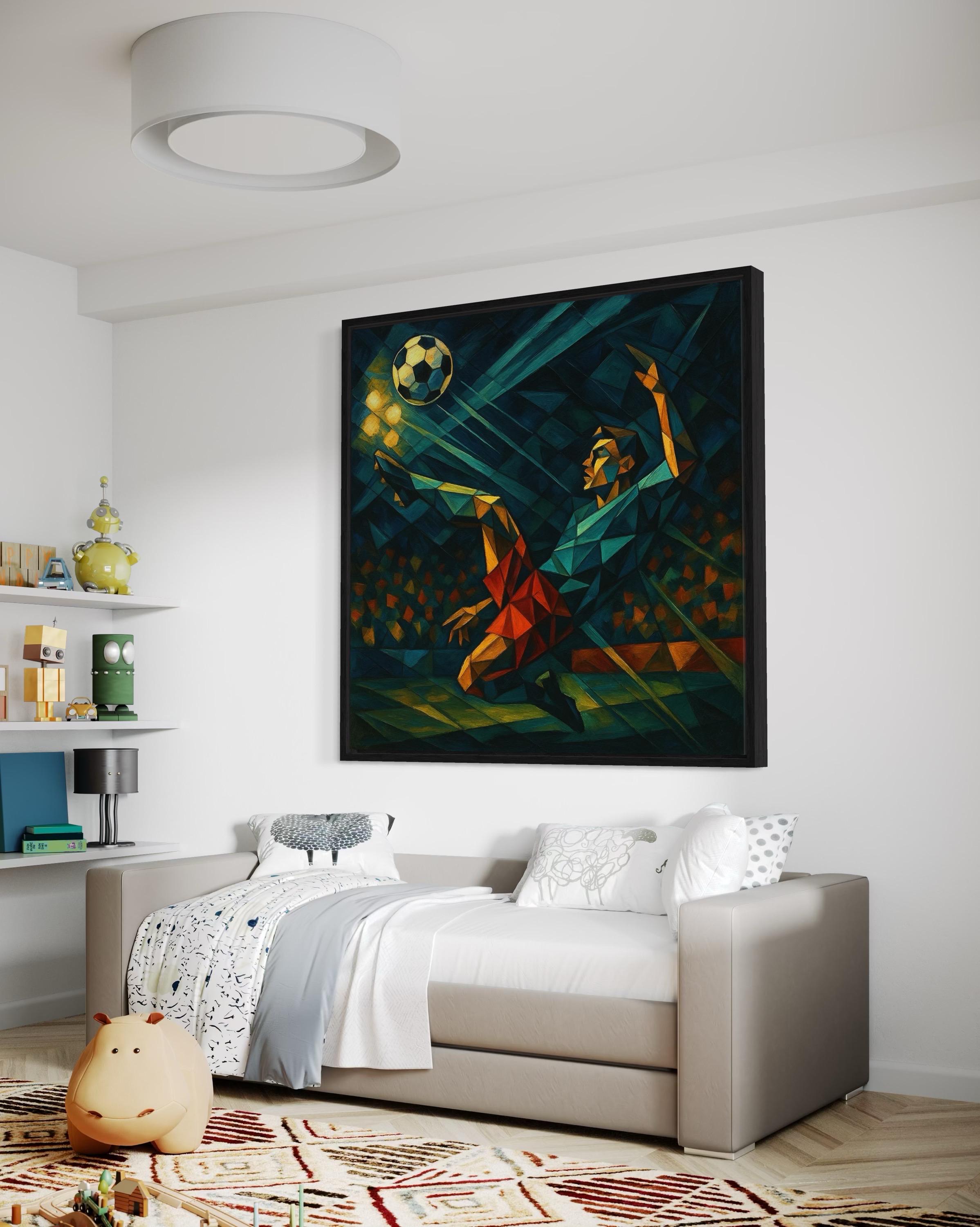 Artwork of geometric low-poly soccer scene hung on a wall above a bench and chair