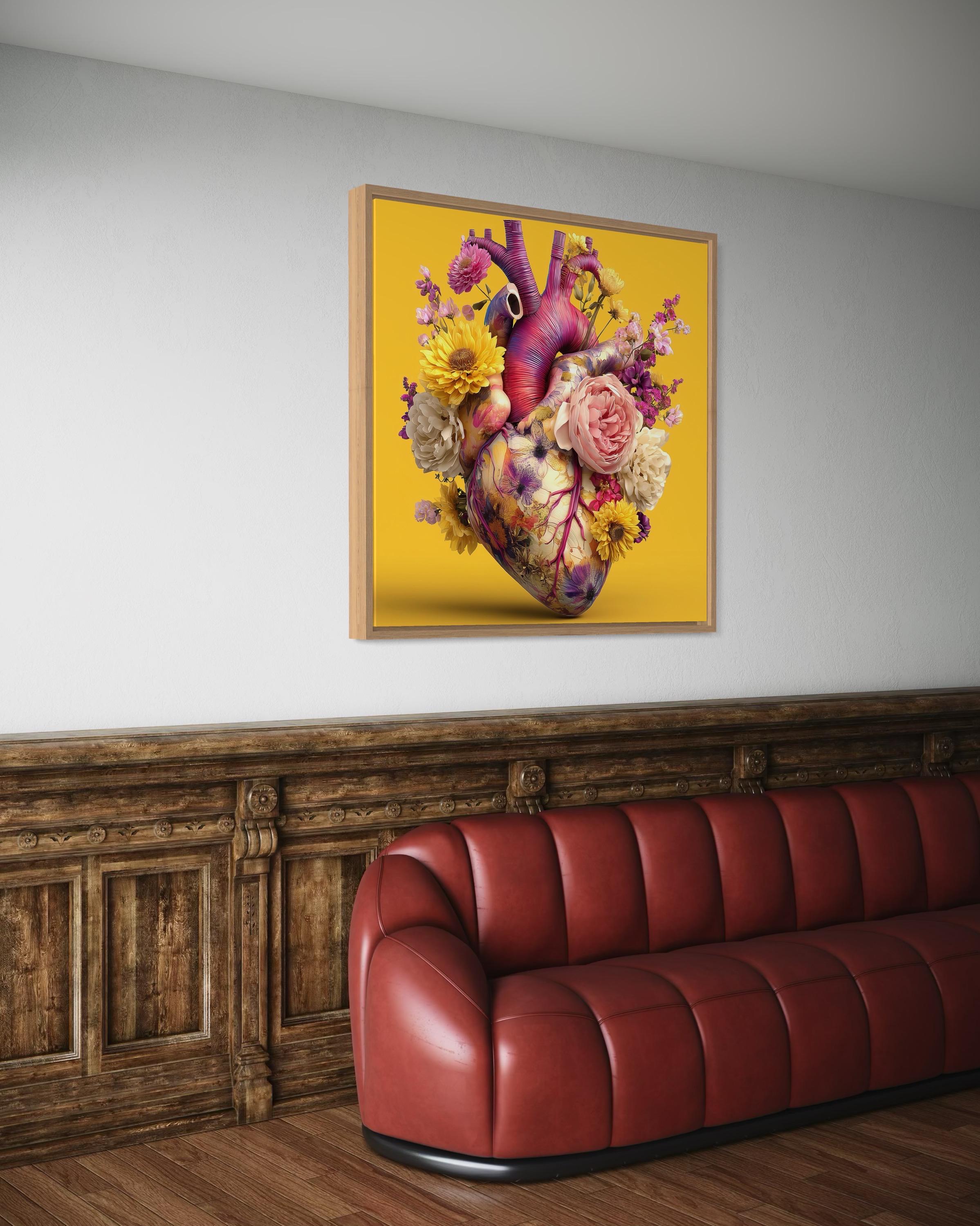 Room mockup showing a yellow floral heart artwork hung on a blue wall above a desk