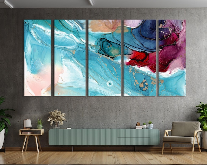 Abstract Painting - Fluid Art Canvas Print, Vibrant Teal & Crimson Wall Art, Modern Colorful Artwork Wall Decor, Contemporary Fine Art Print