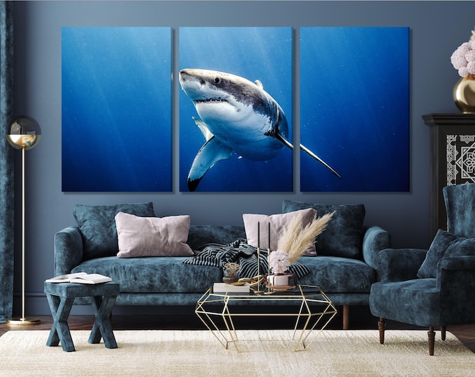 Great White Shark Canvas Print, Large Marine Life Wall Art, Ocean Predator Artwork, Underwater Shark Decor, Extra Large Sea Life Canvas Art