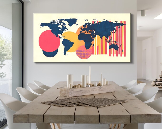 Abstract Global Map Canvas Artwork Colorful Wall Print Geometric Shapes for Apartment Decor Modern World Map Contemporary Canvas