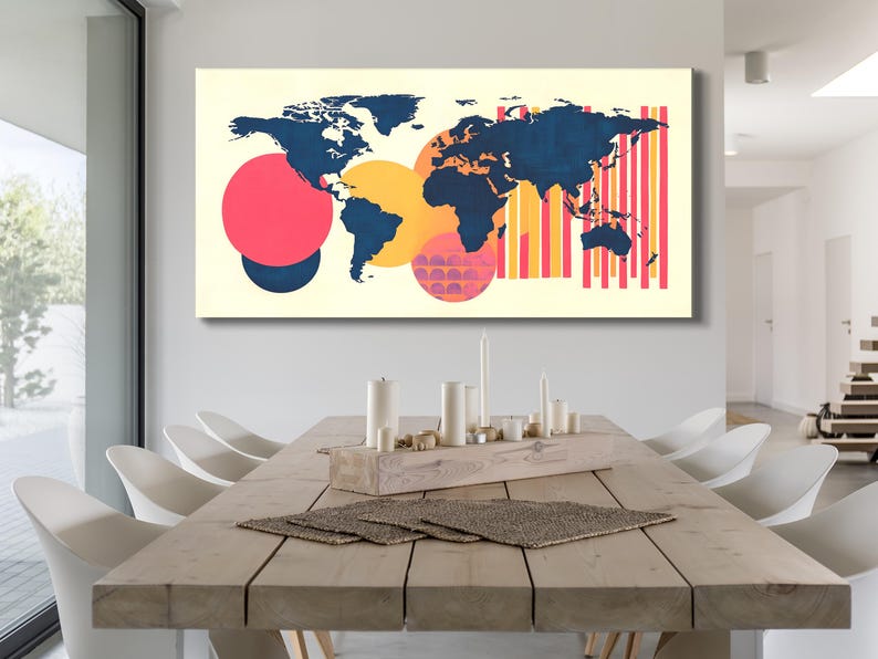Stylised world map artwork with deep blue continents, hot pink circles and vertical stripe accents