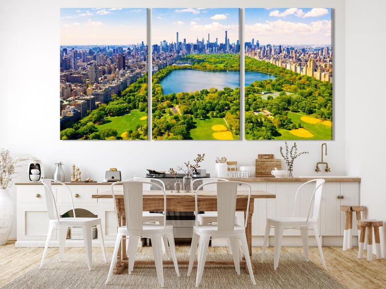Triptych aerial cityscape with a skyline, a green park, and a blue lake under a cloudy sky