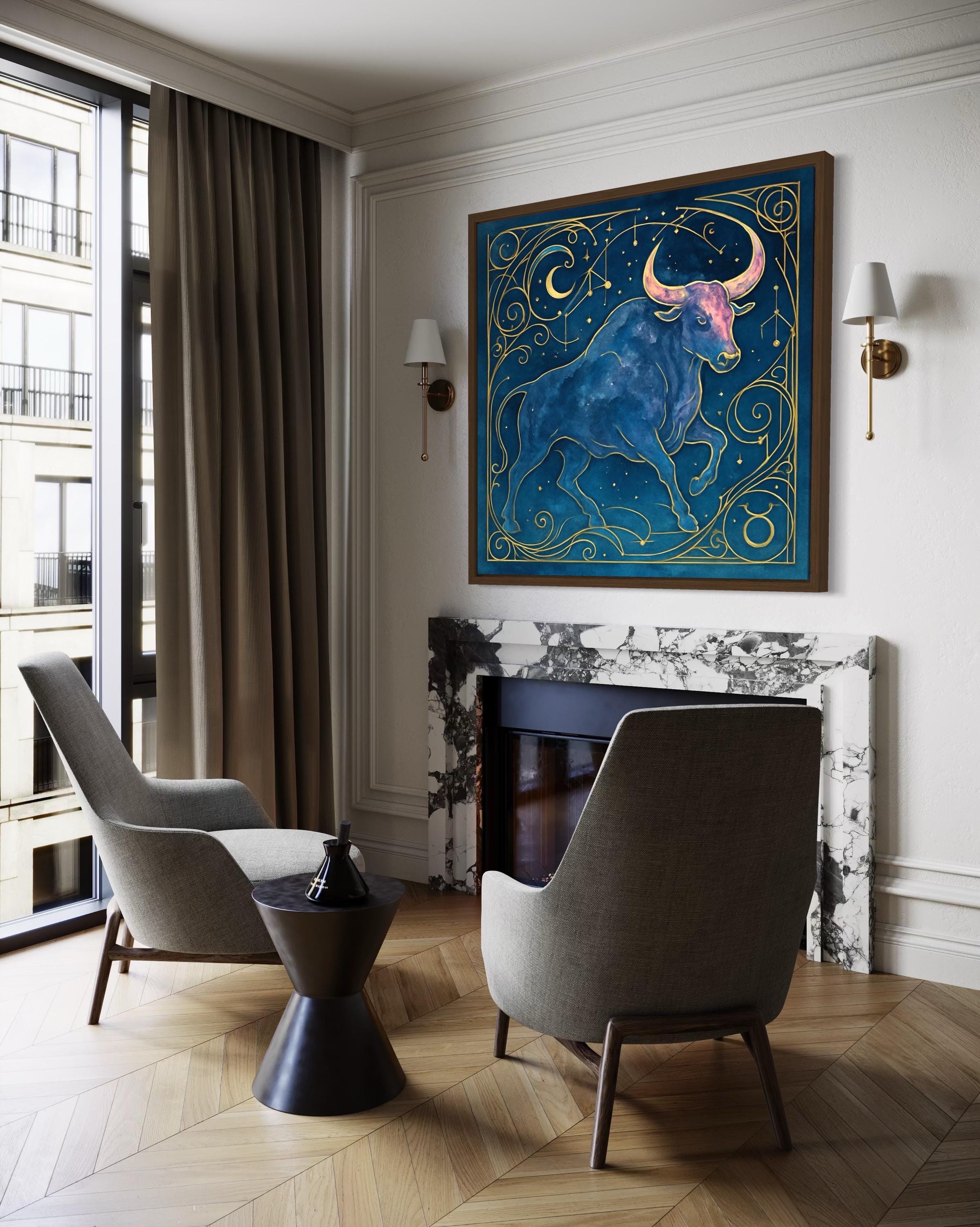 Stylised blue bull beneath a crescent moon with star dots, constellation lines, and ornate gold swirls detail view