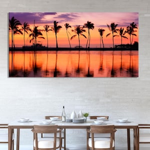 Tropische Palmen und Sonnenuntergang Leinwand, 3-Panel Küstendekor, lebendige Strand Sonnenuntergang Wandkunst, Ocean-Themen-Inneneinrichtung für Wohnzimmer