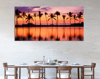 Tropische Palmen und Sonnenuntergang Leinwand, 3-Panel Küstendekor, lebendige Strand Sonnenuntergang Wandkunst, Ocean-Themen-Inneneinrichtung für Wohnzimmer