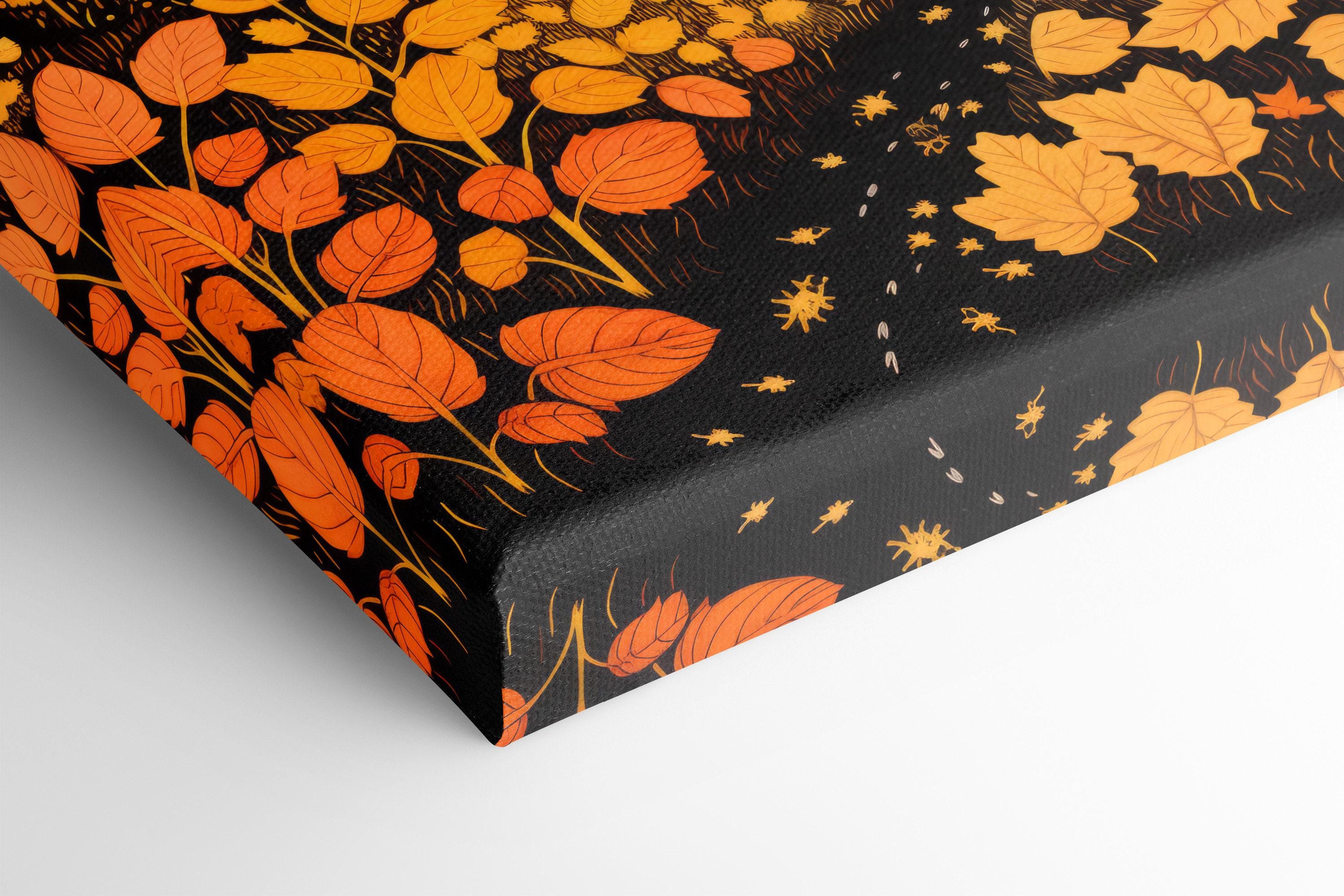 Moonlit autumn forest with glowing yellow moon, dark tree silhouettes and falling orange leaves detail view