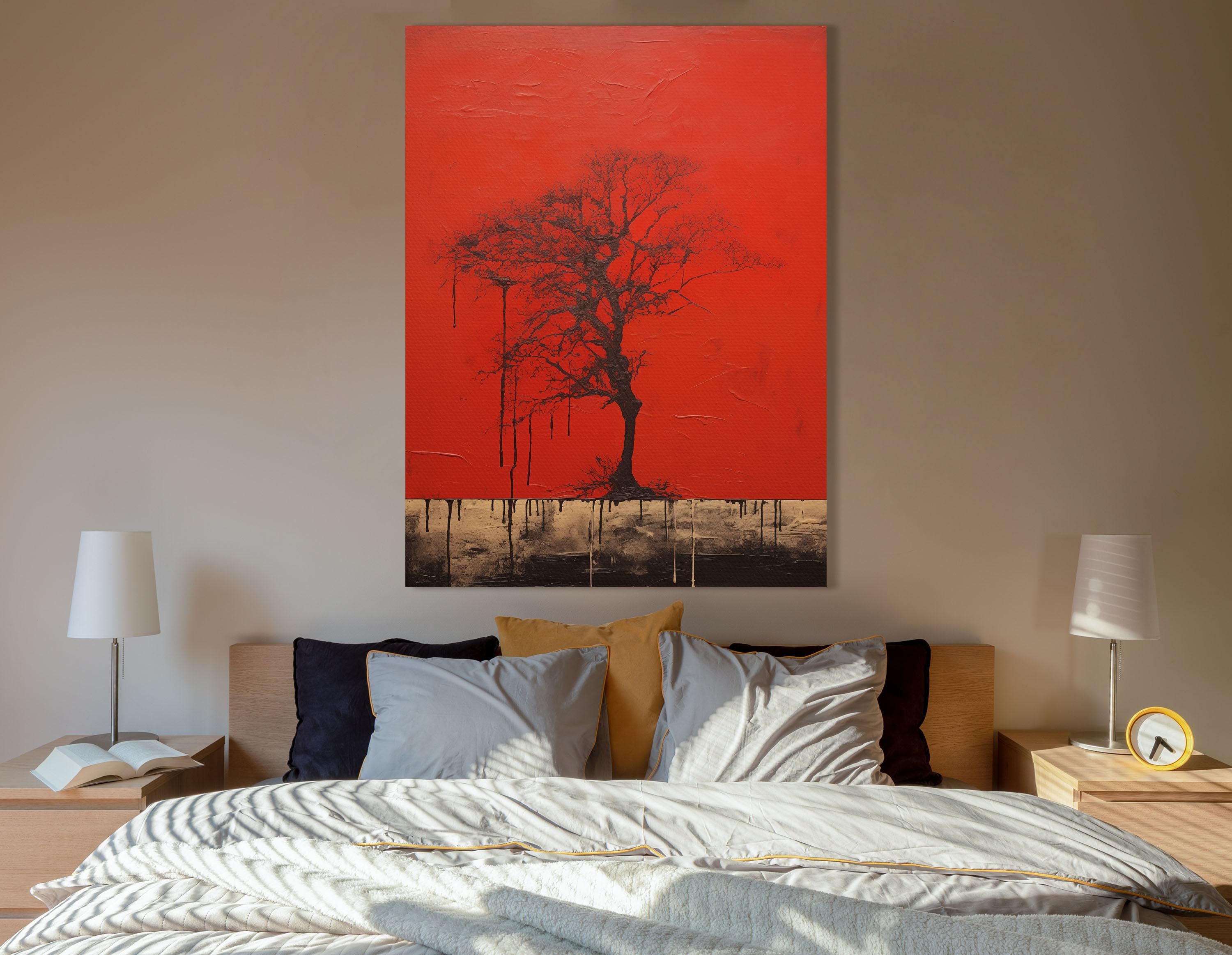 Crimson tree silhouette wall art with dark branches and dripped charcoal details detail view
