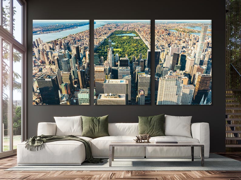 Three-panel New York skyline aerial view with dense skyscrapers, a green park and blue water