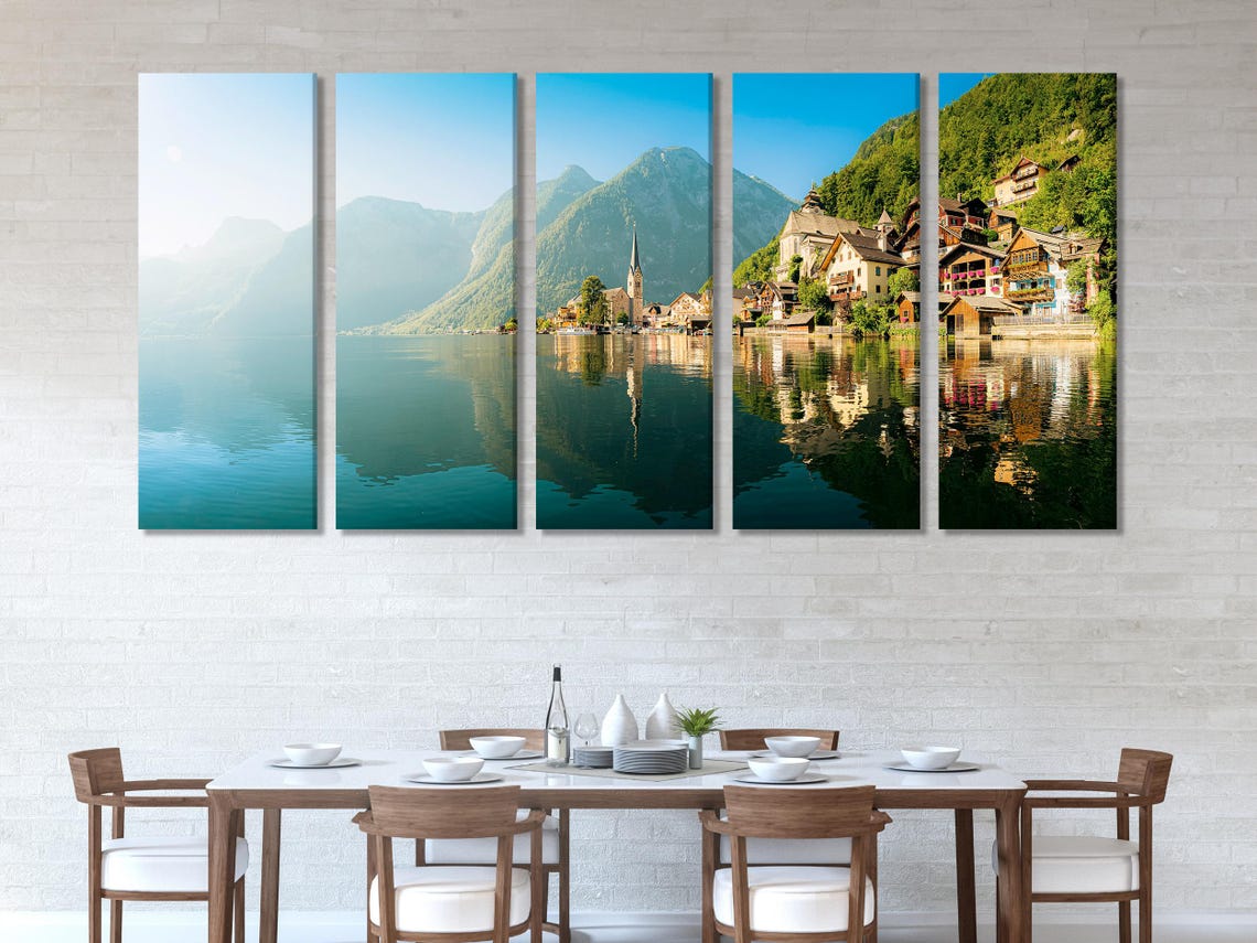 Three-panel mountain lake landscape with teal water reflections, alpine green hills and a lakeside village with a church spire detail view