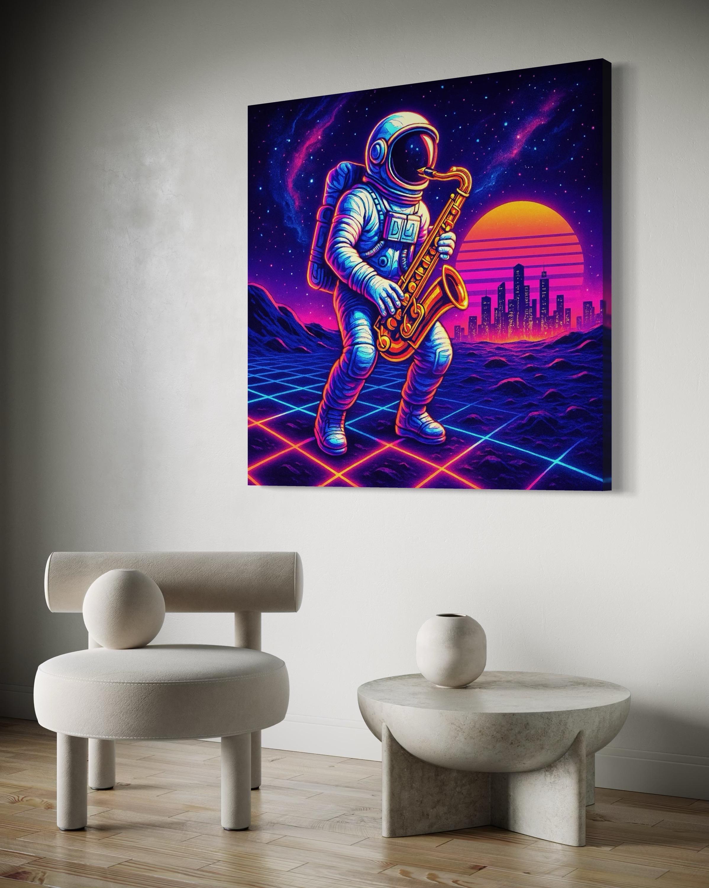 Neon astronaut saxophone artwork displayed in a modern dining room