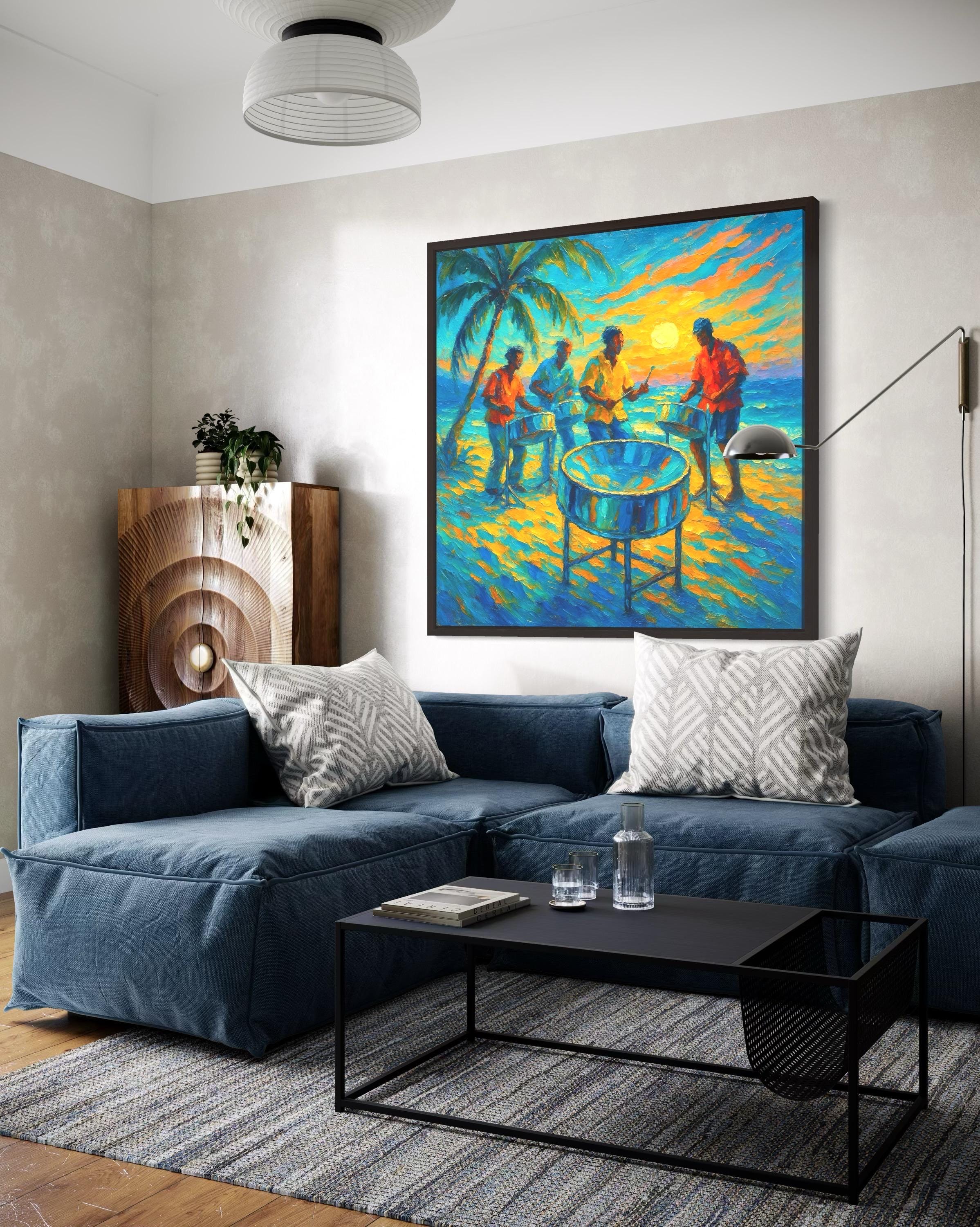 Room mockup showing a square painting of musicians playing a steel drum above a sofa