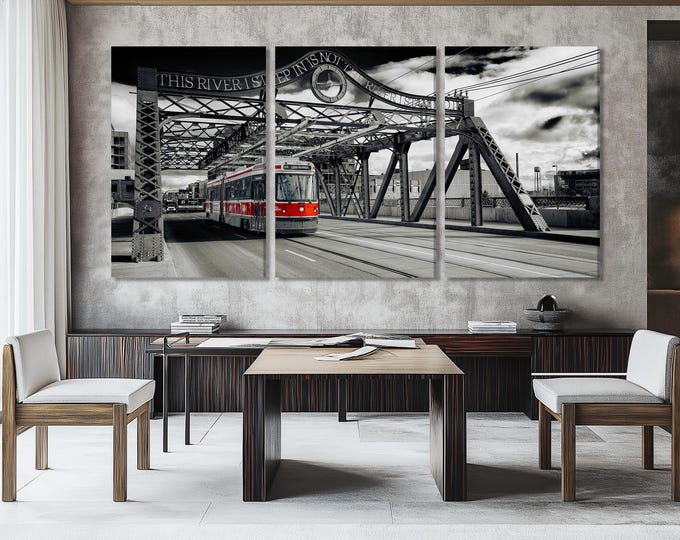 Toronto Canvas Art Extra Large Toronto Art at Queen Street Bridge Toronto Art Print Iconic Canadian Decor Red Toronto Streetcar Print