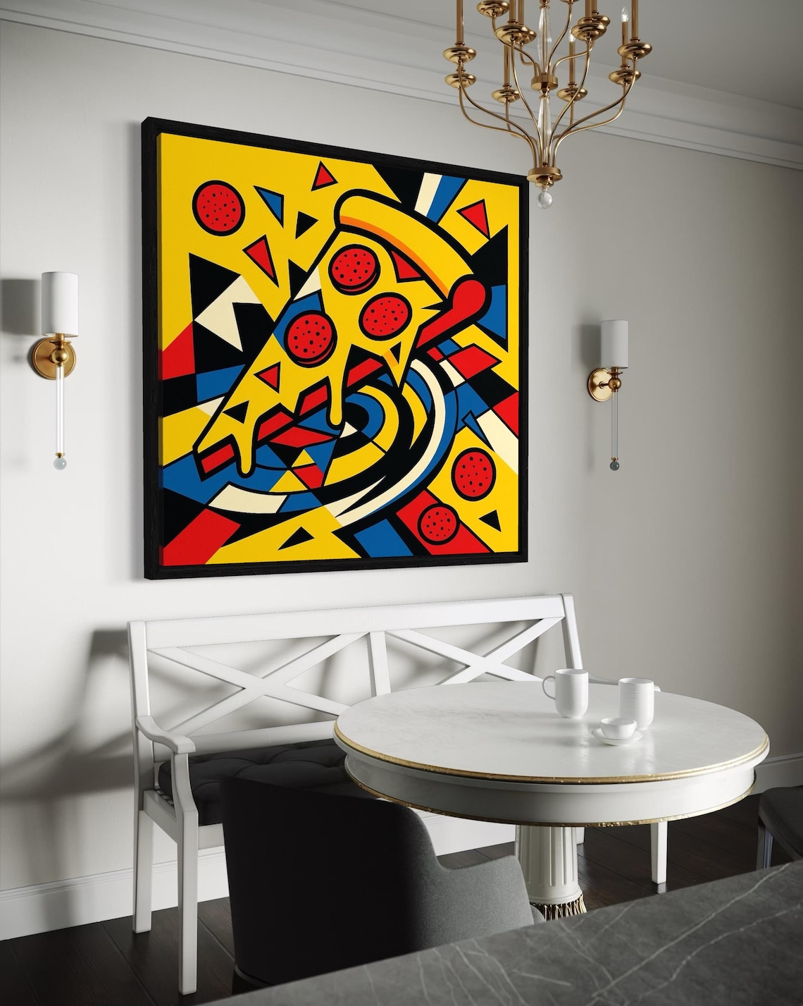 Pop art pizza slice illustration with yellow, red and blue geometric shapes and thick black outlines detail view