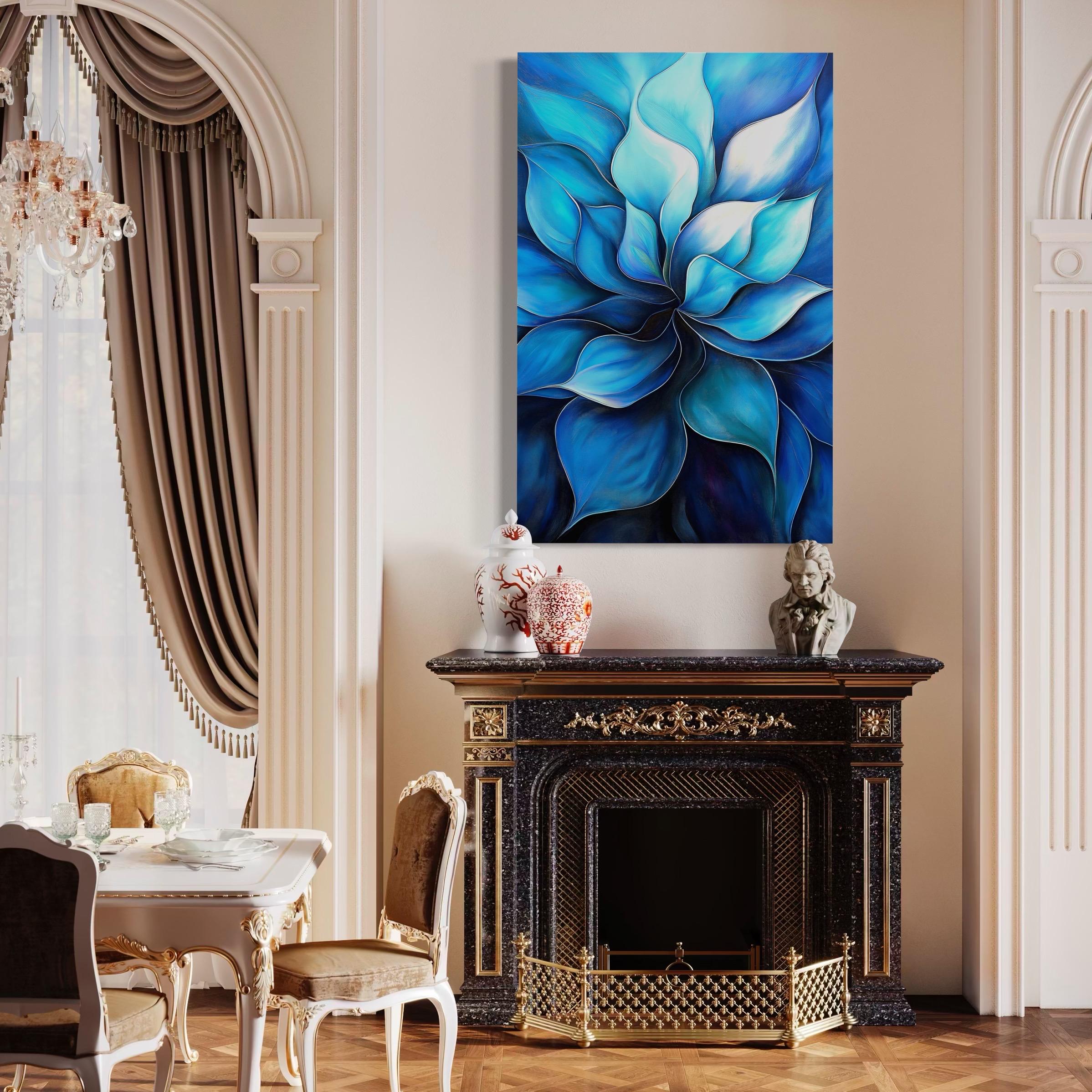 Room mockup showing a portrait abstract blue floral artwork above a table with plants