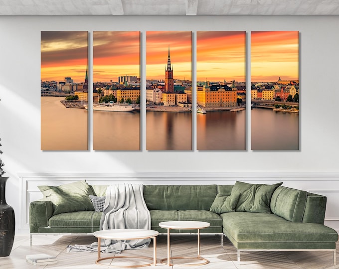 Gamla Stan Canvas Print, Stockholm Old Town Wall Art, Extra Large Sunset Cityscape Art, Swedish Office Decor, Historic Architecture Artwork