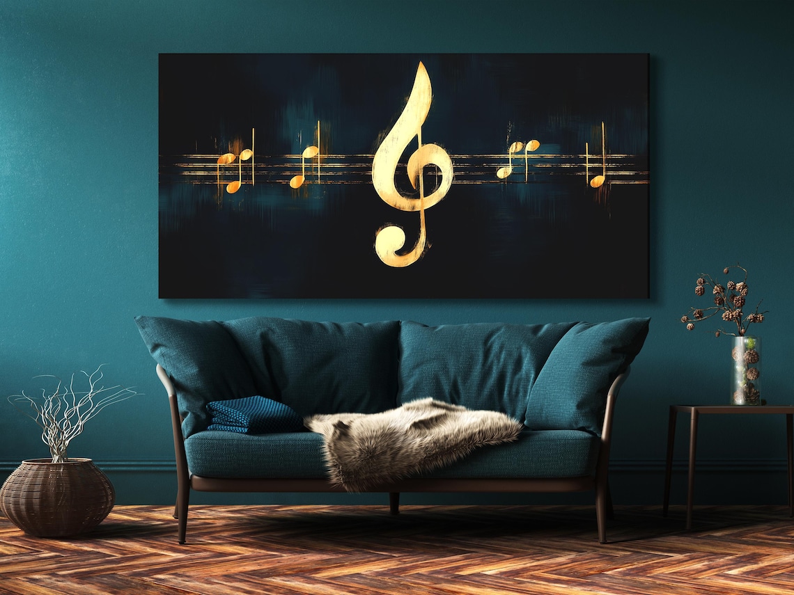 A bold golden treble clef sits over a dark background, with gold musical notes and horizontal staff lines forming a striking, central composition