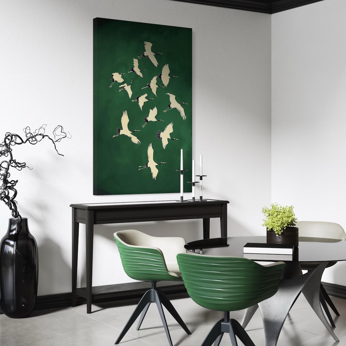 Room mockup with an emerald green wall art featuring cranes in flight