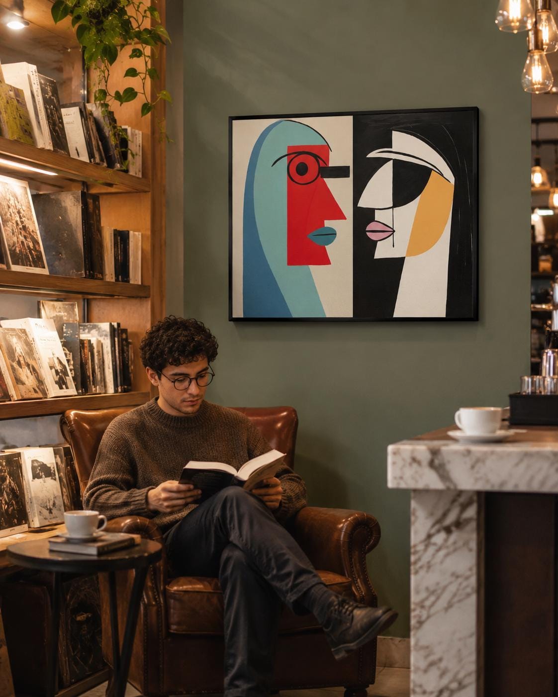 A geometric, cubist-style couple of abstract faces sits within a two-panel composition, using bold red, teal, black and white with warm ochre accents