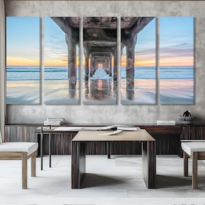 Impressão em tela sob o píer, arte de parede de praia ao pôr do sol, arte costeira grande, vista do oceano na Califórnia, arte em tela do píer, decoração náutica moderna
