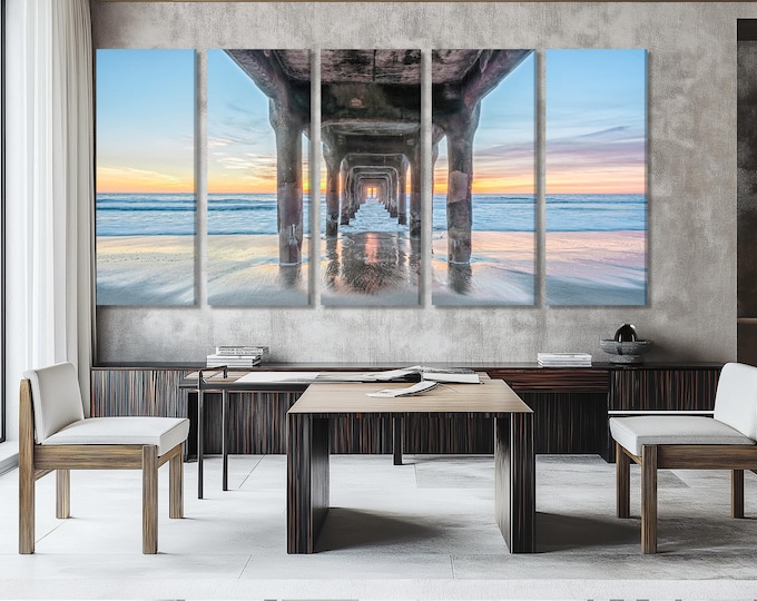 Under the Pier Canvas Print, Sunset Beach Wall Art, Large Coastal Art, California Ocean View, Pier Canvas Artwork, Modern Nautical Decor