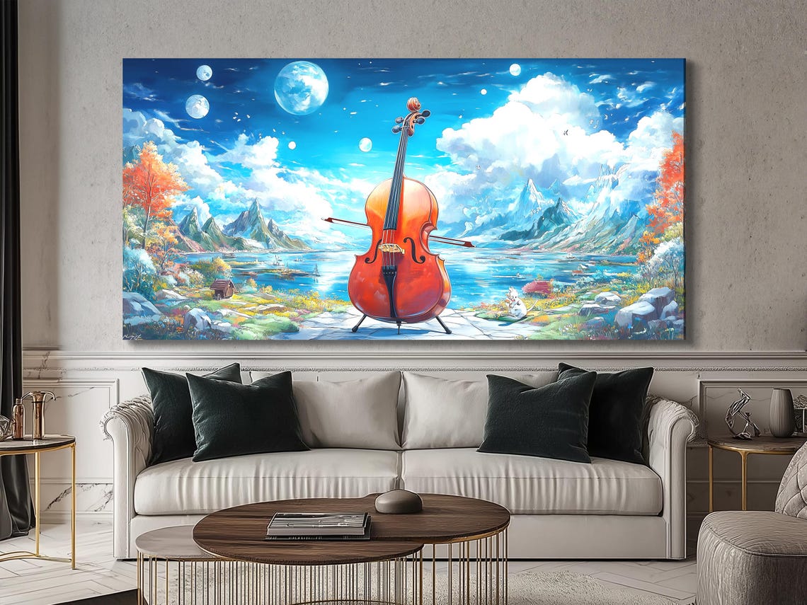 Orange cello in front of a blue sky landscape with mountains, clouds and a calm lake detail view