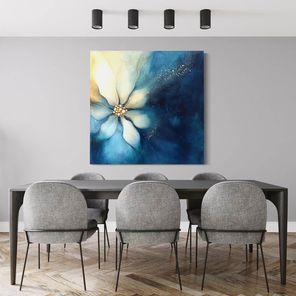 Abstract flower artwork with cool blue petals, soft ivory highlights and a warm gold bead-like centre detail view