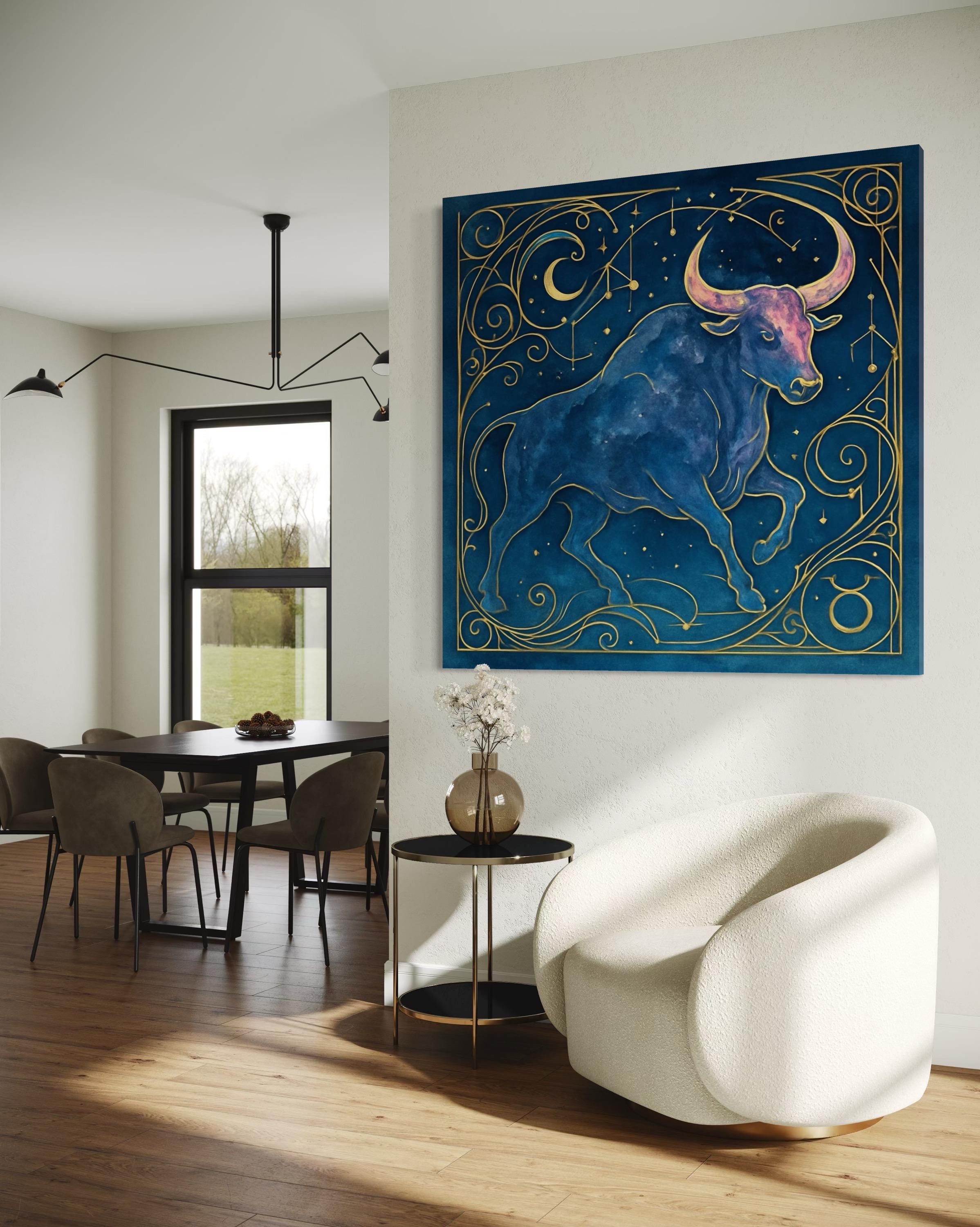 Stylised blue bull beneath a crescent moon with star dots, constellation lines, and ornate gold swirls detail view