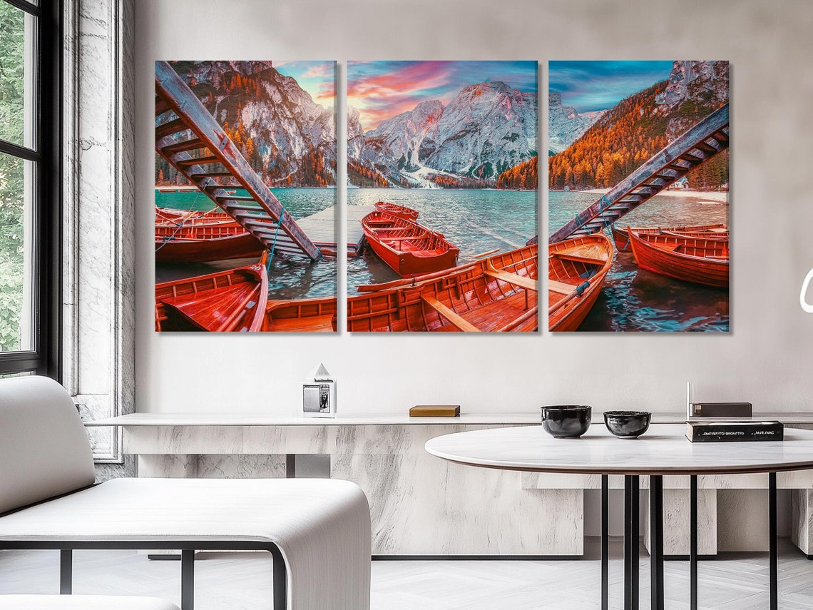 Room mockup with a five-panel alpine lake wall artwork above a table and chairs