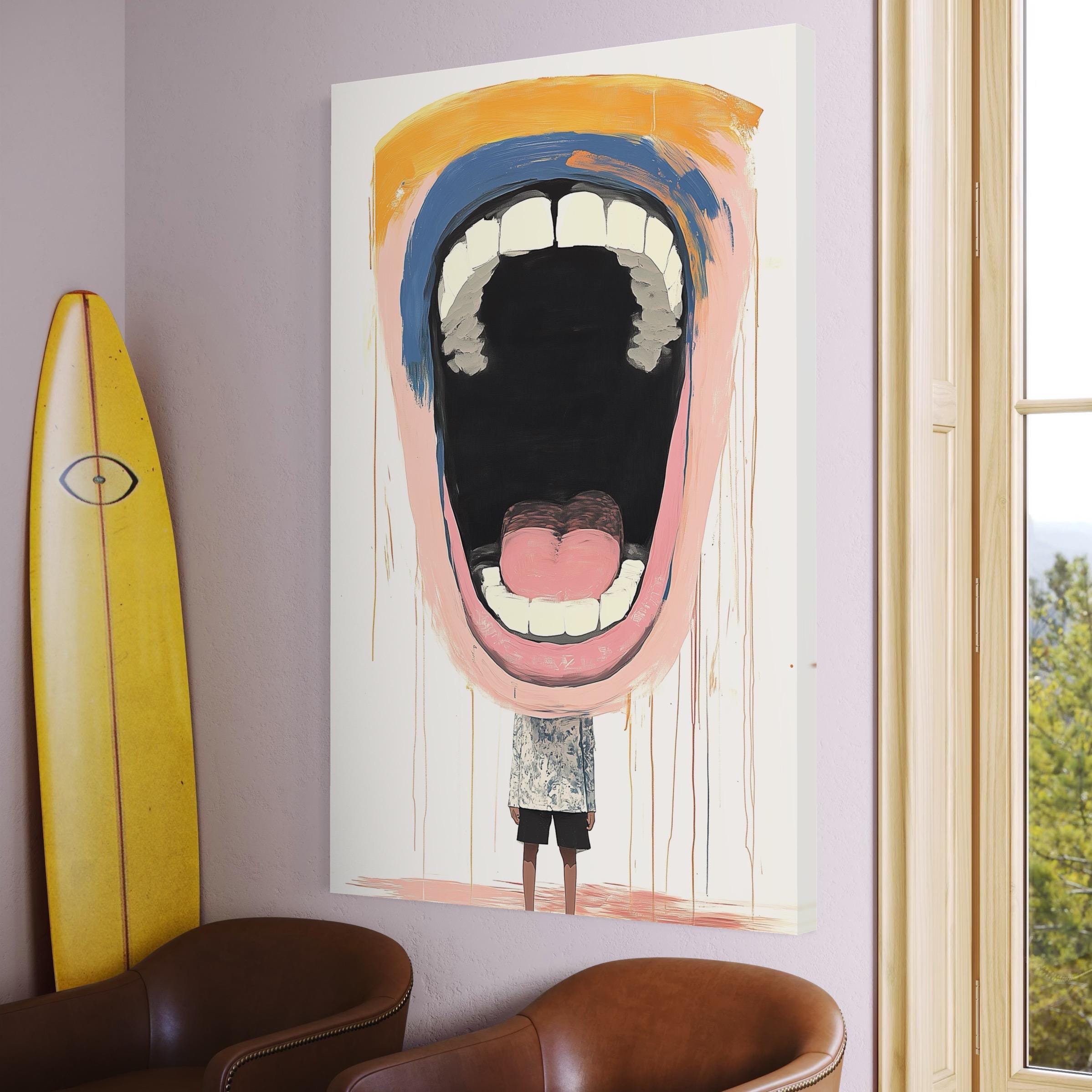Mockup showing the scream face artwork hung in a bright room by windows