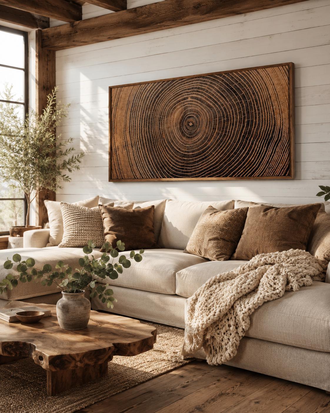 Room mockup showing a bed and a large framed wood-ring artwork above it