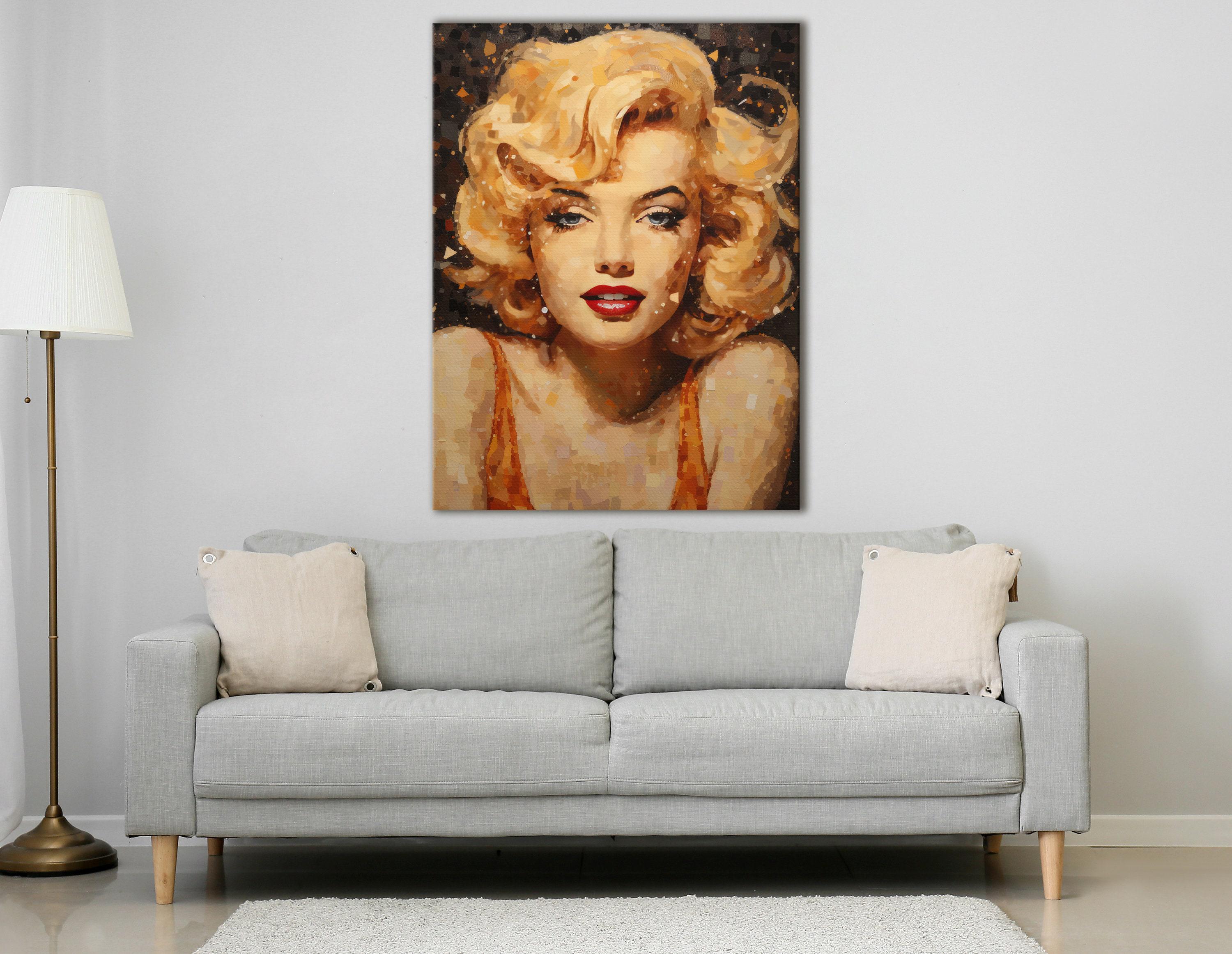 Warm amber blonde portrait with dark mosaic hair and red lips detail view