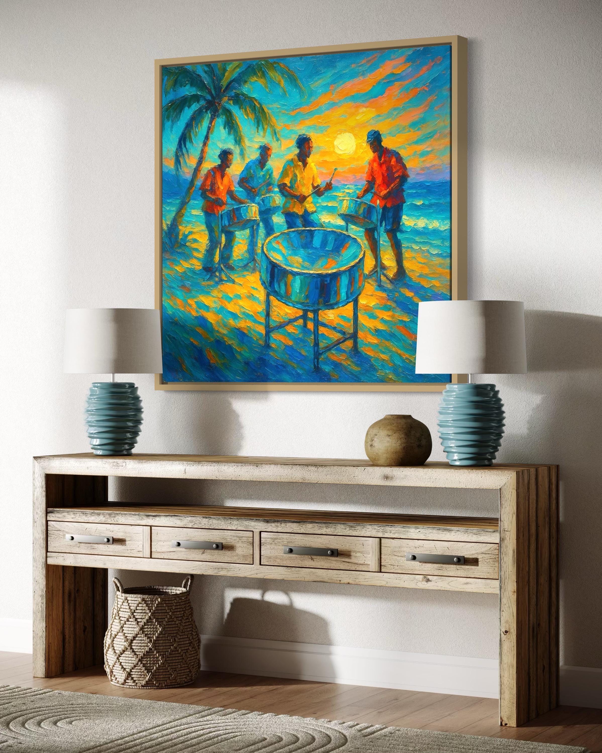 Room mockup showing a square painting of musicians playing a steel drum above a sofa