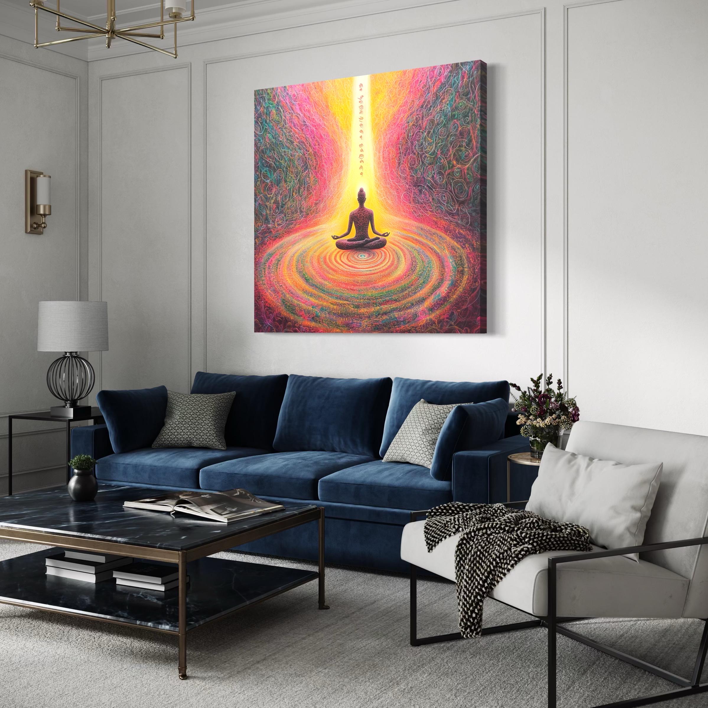 Meditation chakra energy artwork above a mantel with a pink flower vase on a console