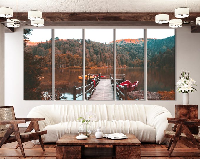 Autumn Lake Triptych Canvas Art - Wooden Dock and Boats Wall Art, Mountain Landscape Print, Fall Nature Art Print, Large 3-Panel Wall Art