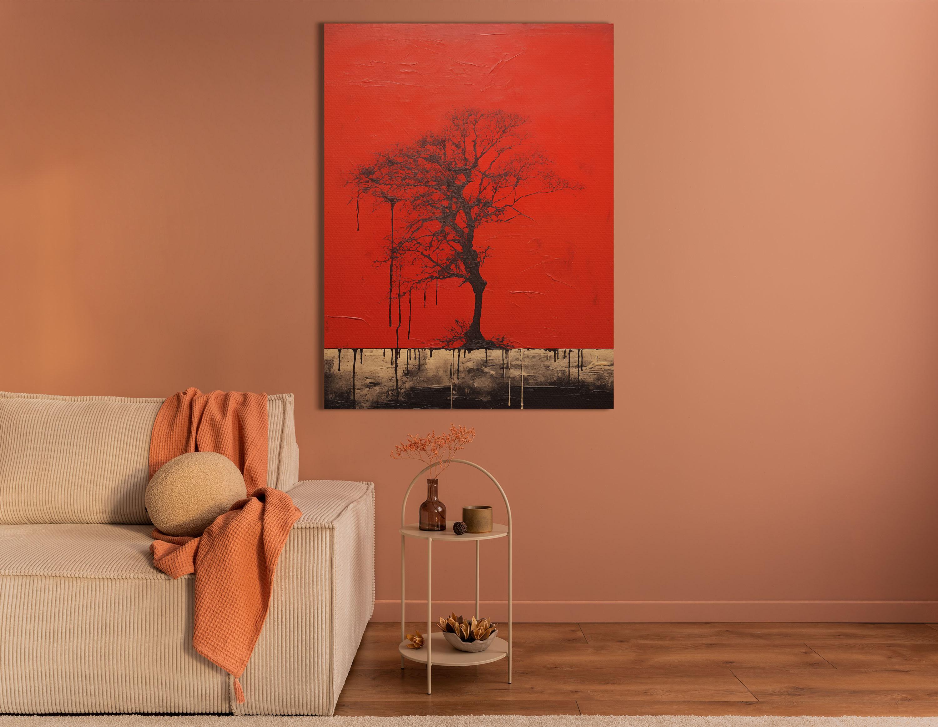 Crimson tree silhouette wall art with dark branches and dripped charcoal details detail view