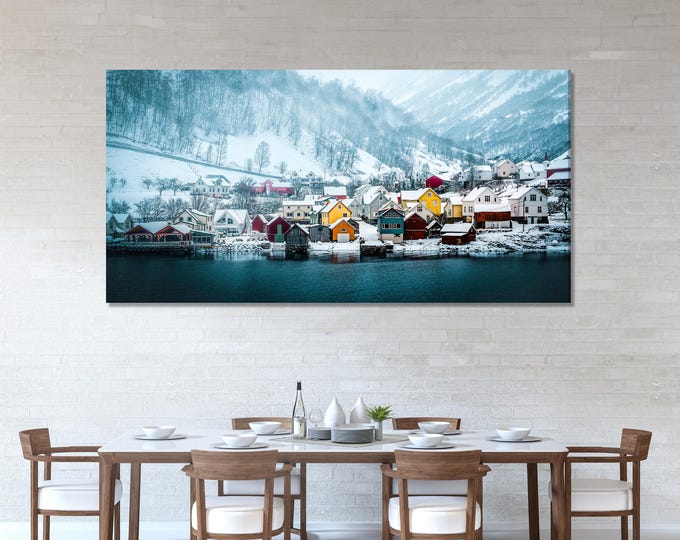 Norwegian Winter Village Canvas Print – Serene Snow-Covered Scandinavian Landscape Wall Art for Bedroom or Living Room Decor, Home Gift Idea