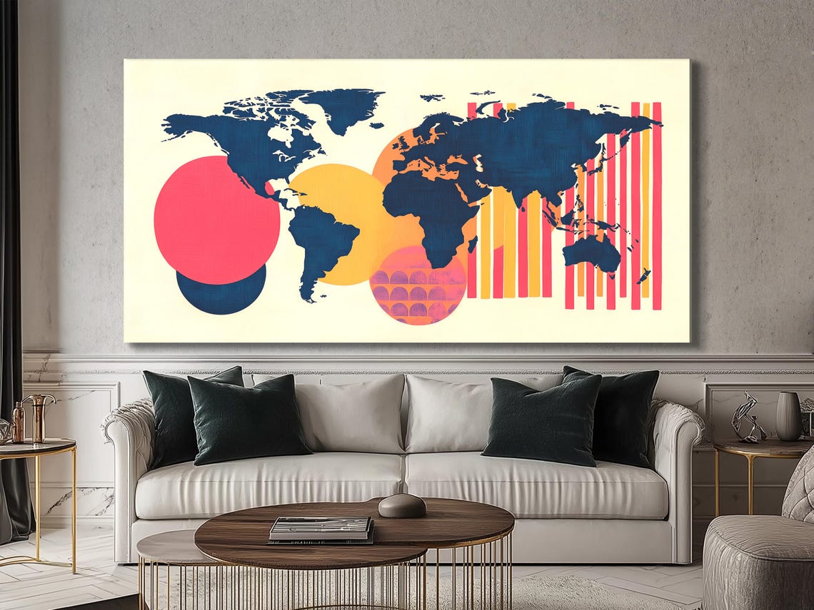 Geometric world map artwork with deep blue continents, coral pink circles and striped accents detail view
