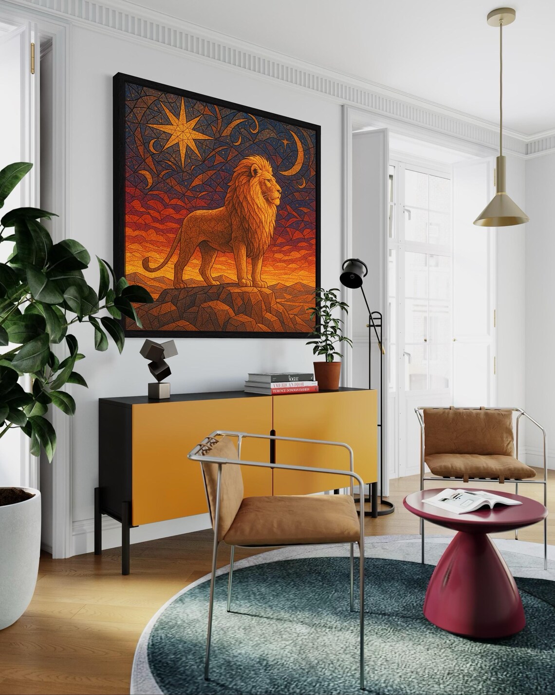 Room mockup showing a framed geometric lion sunset artwork above a sofa and table