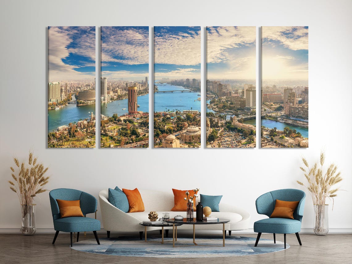 Three panoramic cityscape images with a river, skyline buildings and a bright cloudy sky detail view