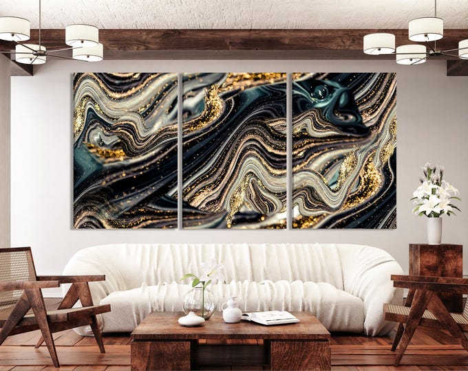 Abstract Marble Wall Art - Extra Large Golden Swirl Abstract Art, Luxury Artwork for Living Room or Office Wall Decor, Above Couch Decor