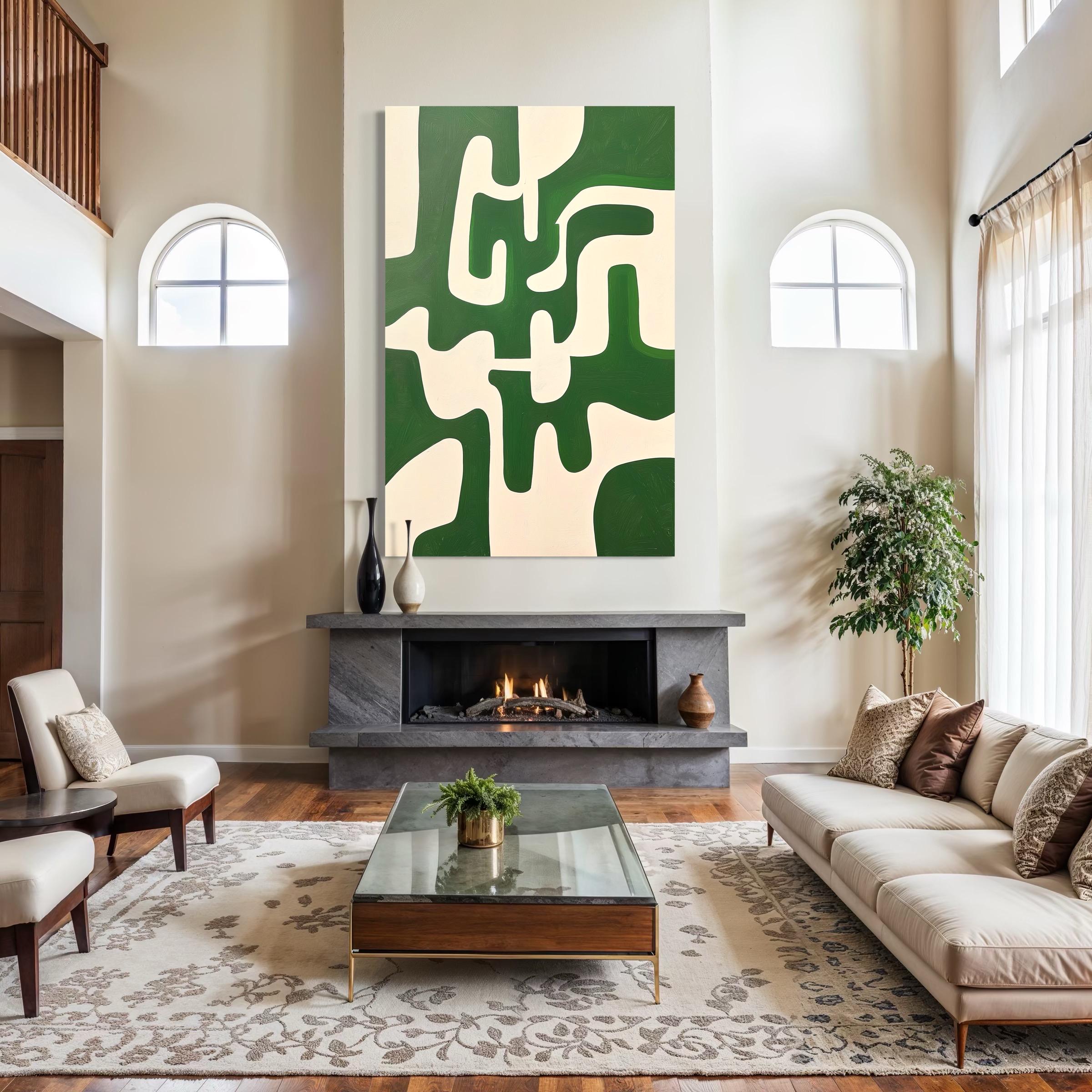 Modern living room with a vertical emerald green and off-white abstract artwork above a white sideboard