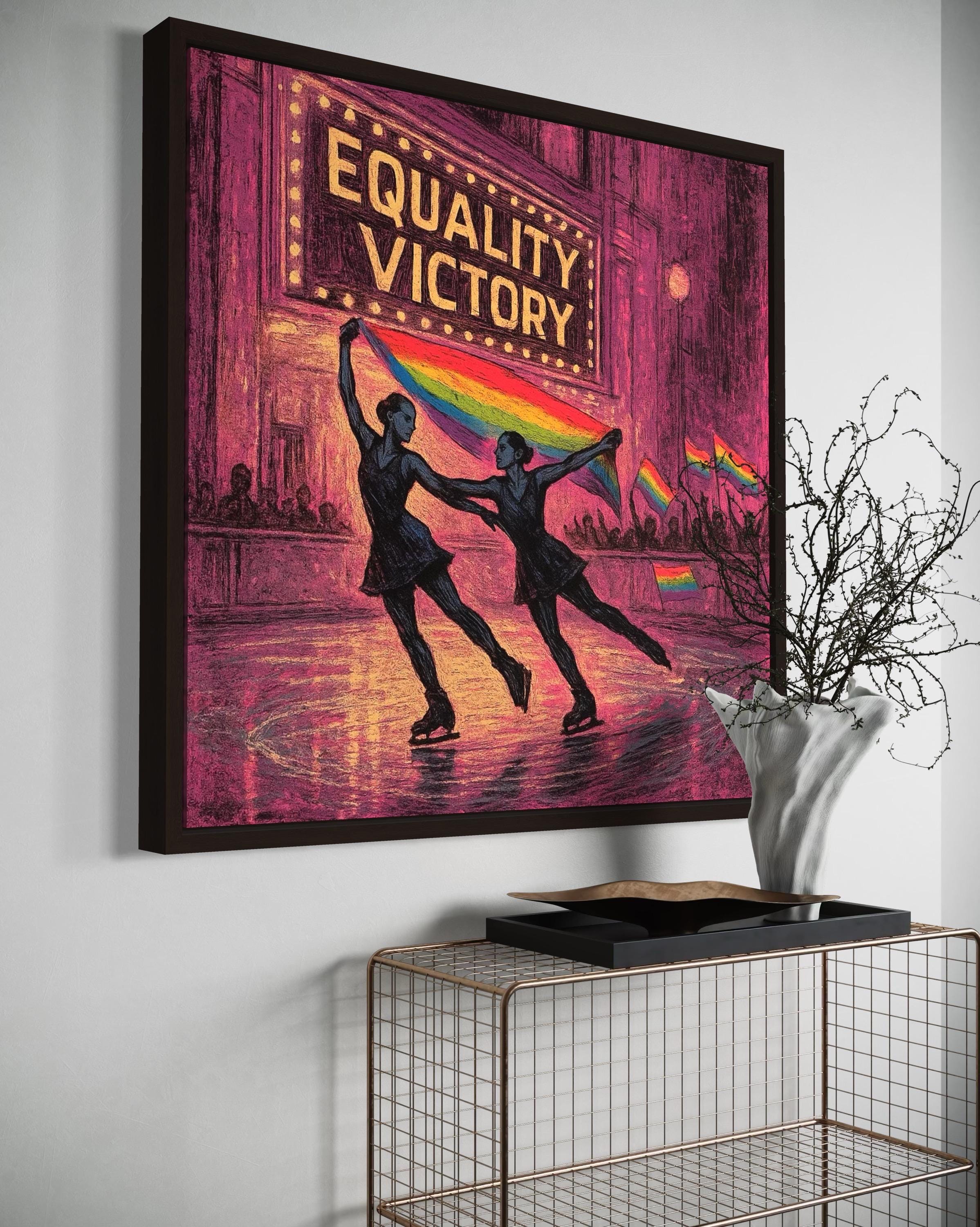 Room mockup showing Equality Victory wall art above a wooden console table